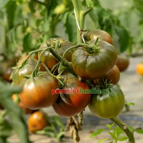 Czarne, kuliste i żebrowane owoce odmiany Black Krim na krzaku. Niektóre owoce mają zielone przebarwienia.