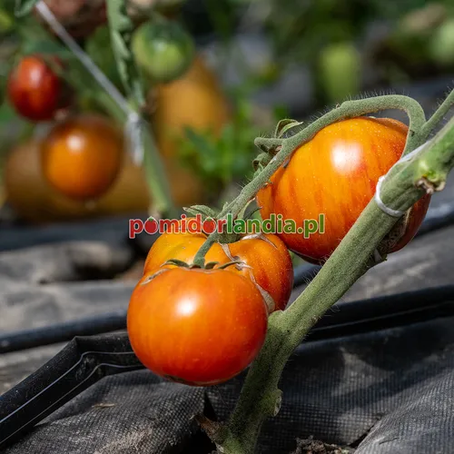 Pomarańczowe i zielone, kuliste owoce odmiany Georgia Streak na krzaku.