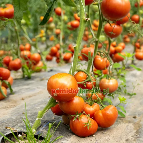 Pink, round and slightly ribbed Katja Heirloom tomatoes on the plant. The fruits are ripe and have smooth skin.