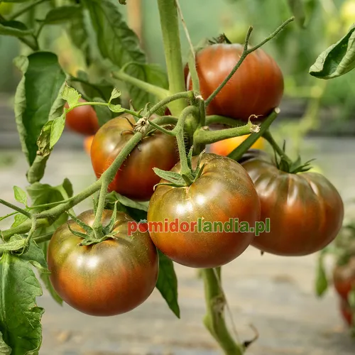 Czarne, kuliste i lekko żebrowane owoce odmiany Black Krim na krzaku.