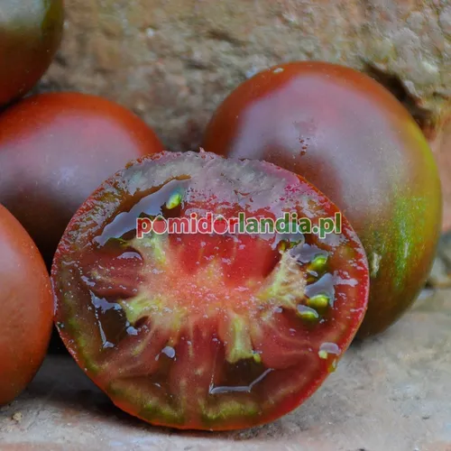 Black, round and cut in half Brazilian Beauty tomatoes with red flesh. Next to them are two unripe, black tomatoes.
