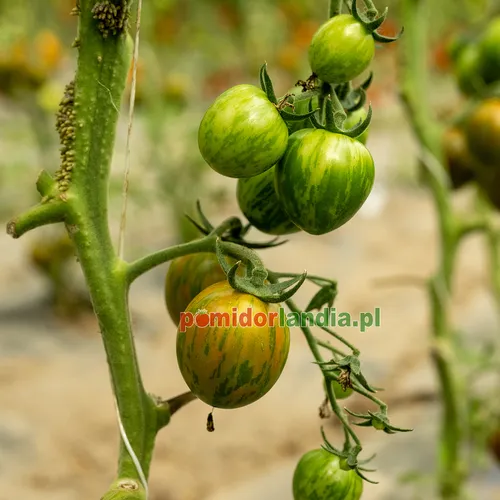 Green and greenish-yellow, round Green Bumblebee tomatoes on the plant. The fruits have characteristic stripes.